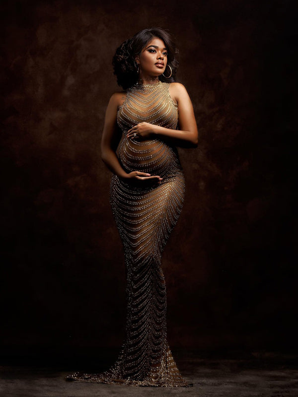Rhinestone Mesh Off Shoulder Split Slit Bodycon Party Gown Photoshoot Plus Size Maternity Maxi Dress