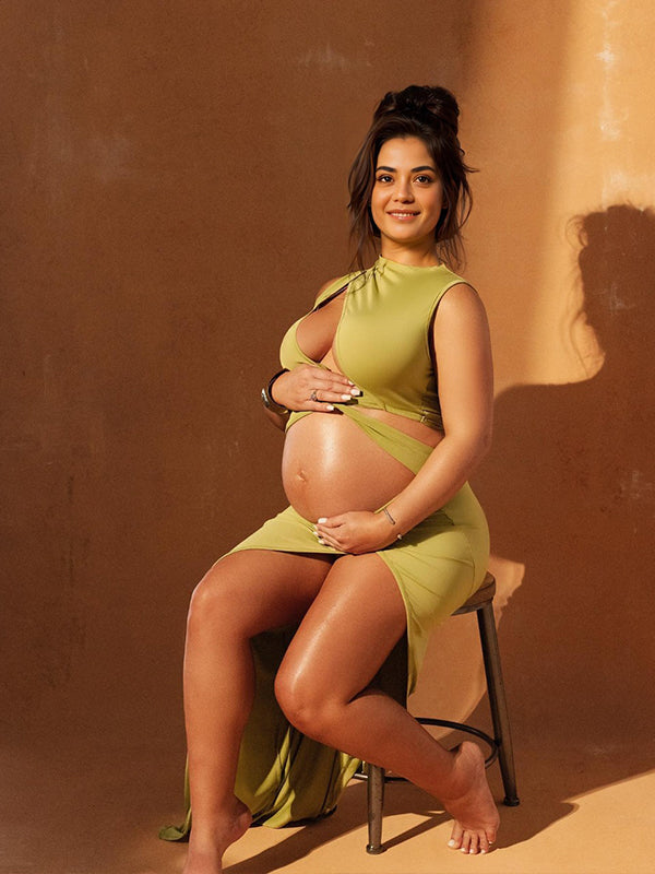 Olive Cut Out Irregular Split Ruffle Side Slit Bodycon Chic Photoshoot Maternity Maxi Dress