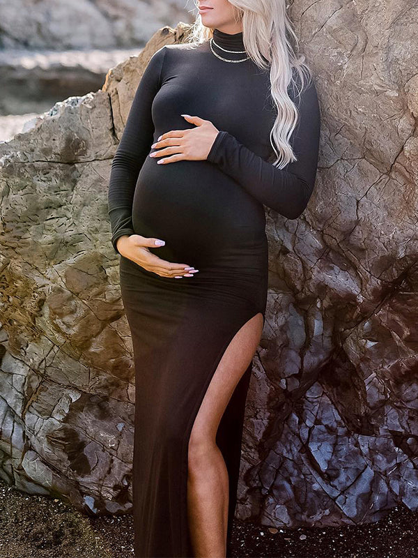 Black High Neck Side Slit Bodycon Long Sleeve Baby Shower Maternity Maxi Dress