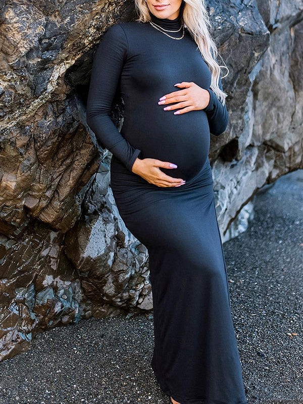 Black High Neck Side Slit Bodycon Long Sleeve Baby Shower Maternity Maxi Dress