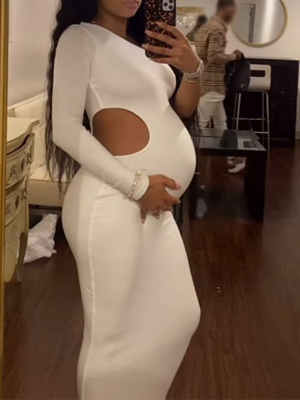 One Shoulder Cut Out Irregular Bodycon Long Sleeve Fashion Baby Shower Maternity Maxi Dress