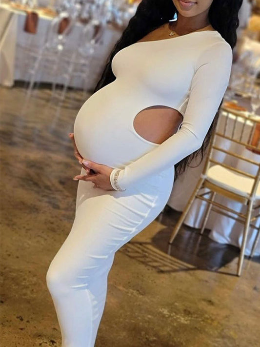 One Shoulder Cut Out Irregular Bodycon Long Sleeve Fashion Baby Shower Maternity Maxi Dress