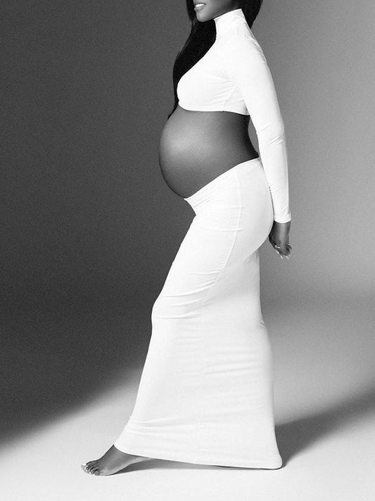 Solid Color Ruffle High Neck Crop Top 2-in-1 Long Sleeve Bodycon Club Party Photoshoot Maternity Maxi Dress