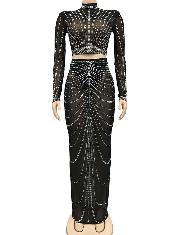 Black Mesh Rhinestone High Neck Crop 2-in-1 Midriff Bodycon Long Sleeve Photoshoot Evening Plus Size Maternity Maxi Dress