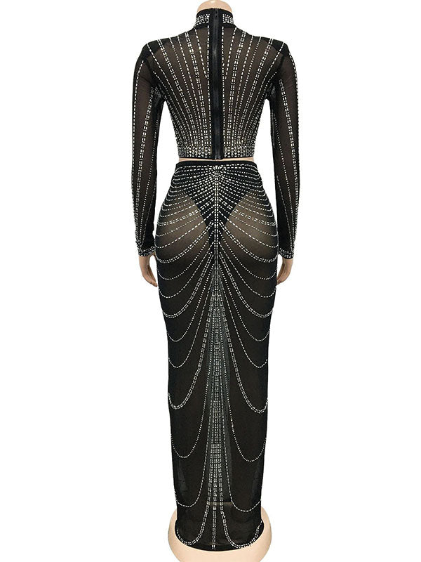 Black Mesh Rhinestone High Neck Crop 2-in-1 Midriff Bodycon Long Sleeve Photoshoot Evening Plus Size Maternity Maxi Dress