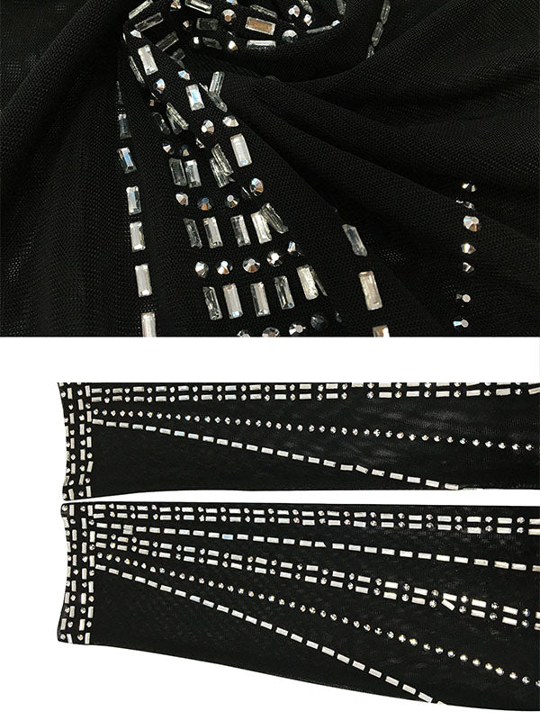 Black Mesh Rhinestone High Neck Crop 2-in-1 Midriff Bodycon Long Sleeve Photoshoot Evening Plus Size Maternity Maxi Dress