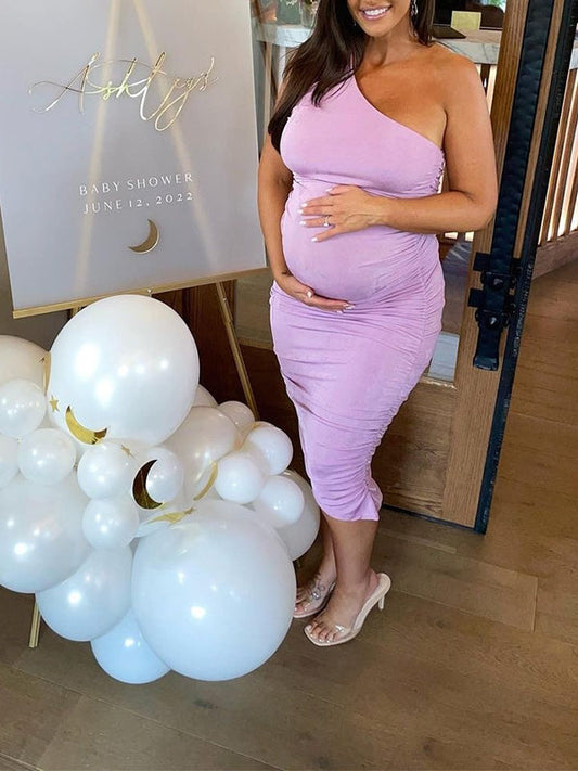 Lavender Ruched One Shoulder Irregular Ruffle Bodycon Elegant Baby Shower Party Maternity Midi Dress