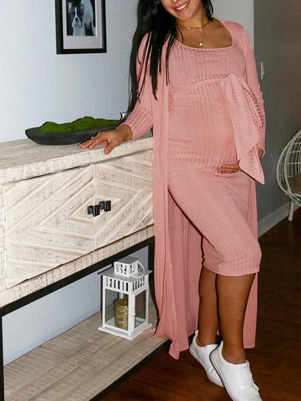 Pink Sweater Off Shoulder Sashes Cardigans Bodycon 2-in-1 Baby Shower Maternity Midi Dress