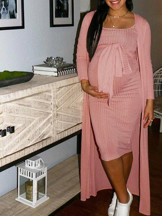 Pink Sweater Off Shoulder Sashes Cardigans Bodycon 2-in-1 Baby Shower Maternity Midi Dress