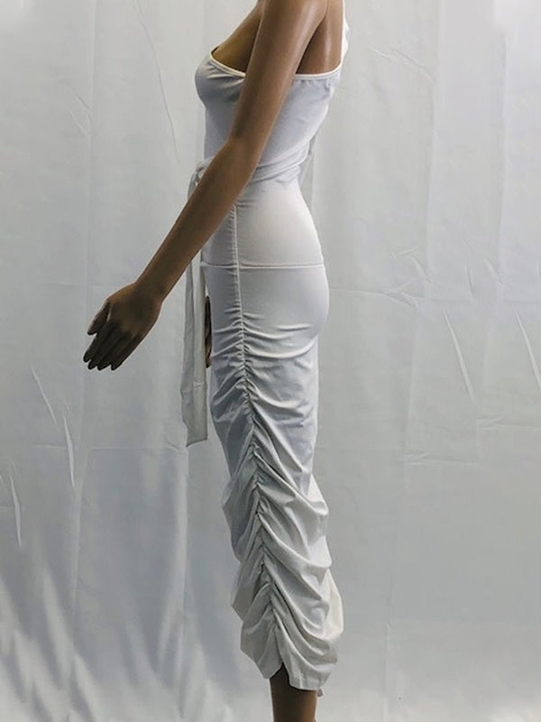 White Off Shoulder Ruffle Sashes Bodycon Cute Baby Shower Long Sleeve Maternity Midi Dress