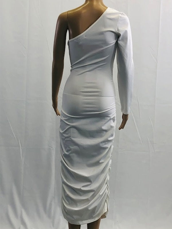 White Off Shoulder Ruffle Sashes Bodycon Cute Baby Shower Long Sleeve Maternity Midi Dress
