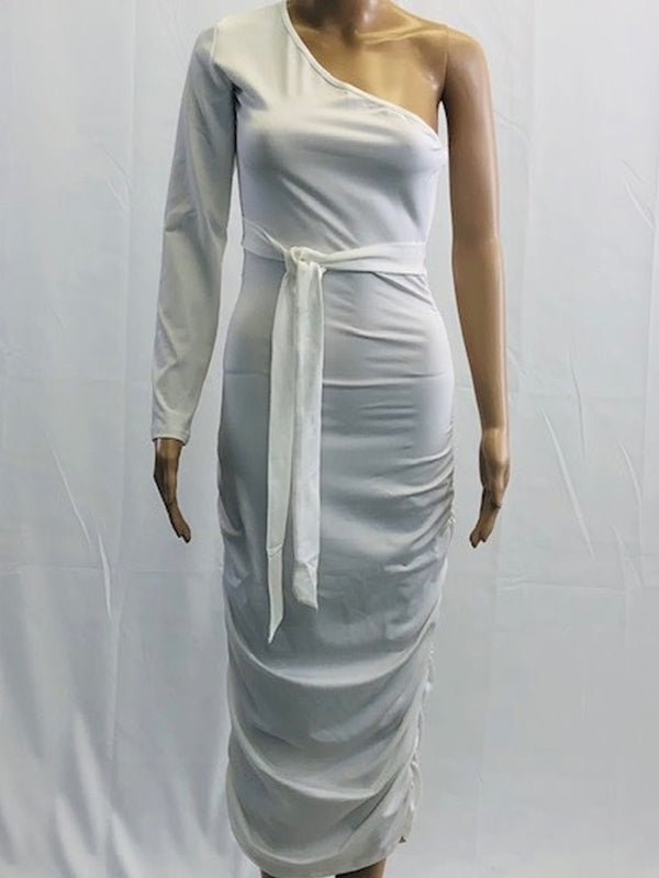White Off Shoulder Ruffle Sashes Bodycon Cute Baby Shower Long Sleeve Maternity Midi Dress