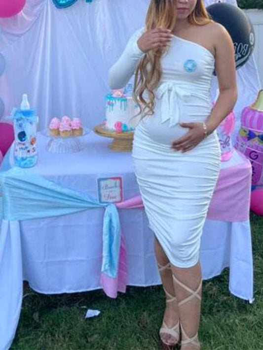 White Off Shoulder Ruffle Sashes Bodycon Cute Baby Shower Long Sleeve Maternity Midi Dress