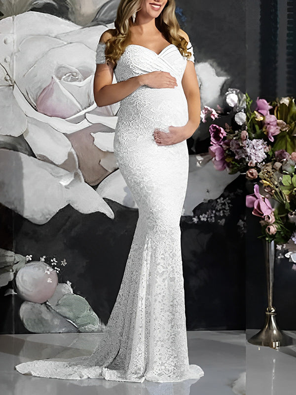 Floral Lace Off Shoulder Mermaid PhotoShoot Baby Shower Pregnant Maternity Maxi Dress