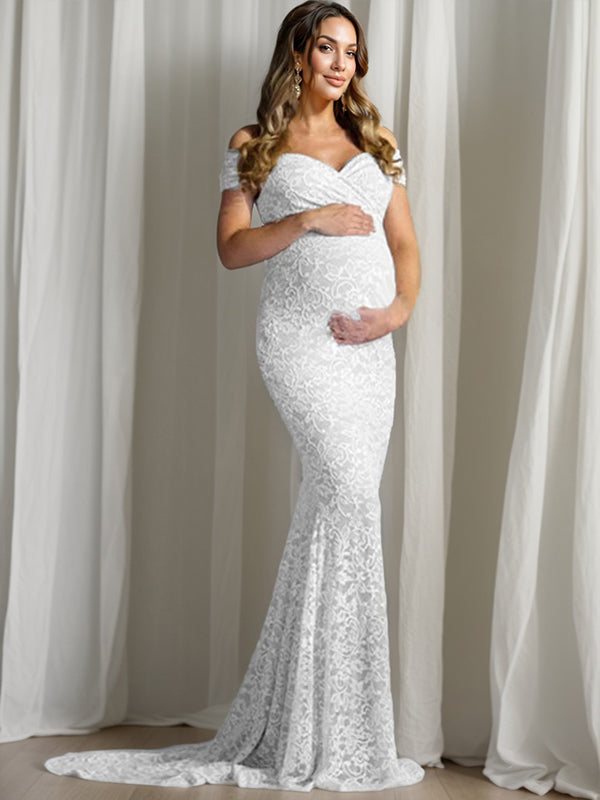 Floral Lace Off Shoulder Mermaid PhotoShoot Baby Shower Pregnant Maternity Maxi Dress