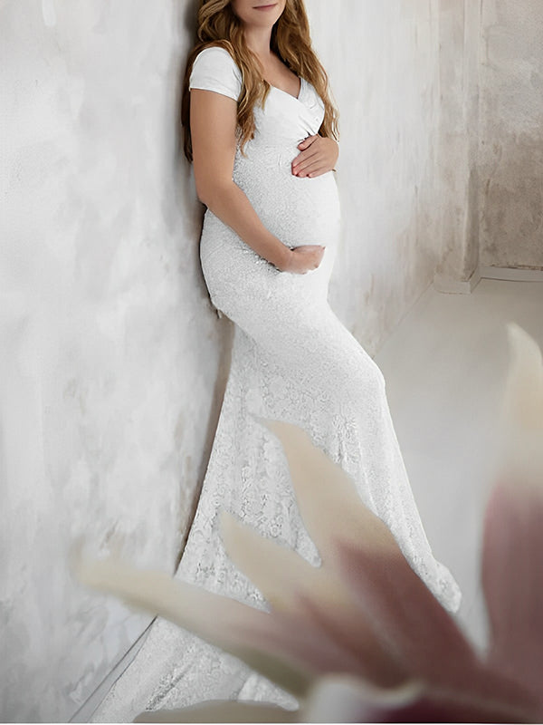 Floral Lace Off Shoulder Mermaid PhotoShoot Baby Shower Pregnant Maternity Maxi Dress