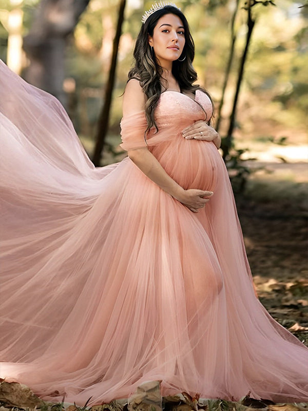 Grenadine Tulle Lace Off Shoulder Baby Shower Photoshoot Pregnant Maternity Maxi Dress