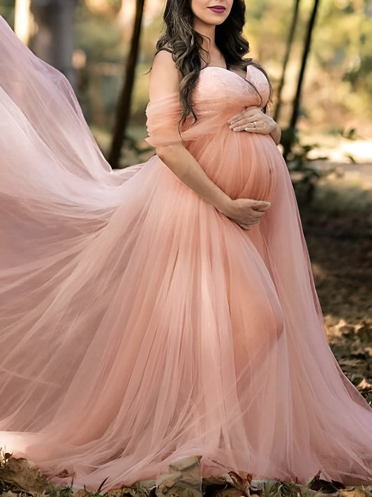 Grenadine Tulle Lace Off Shoulder Baby Shower Photoshoot Pregnant Maternity Maxi Dress