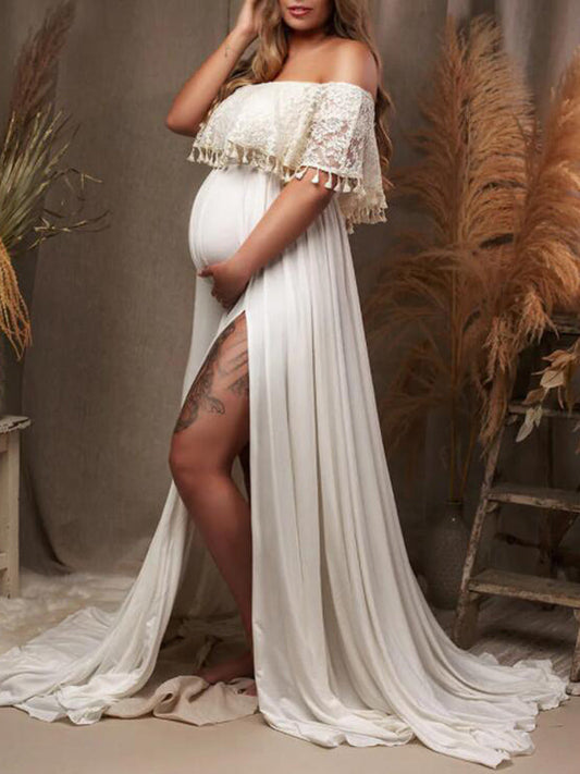 Patchwork Lace Tassel Slit Photoshoot Baby Shower Pregnant Maternity Maxi Dress
