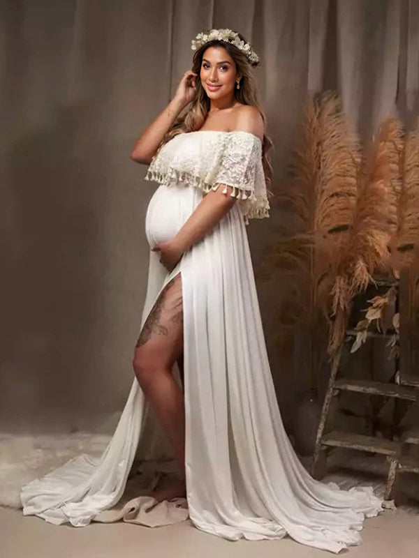 Patchwork Lace Tassel Slit Photoshoot Baby Shower Pregnant Maternity Maxi Dress