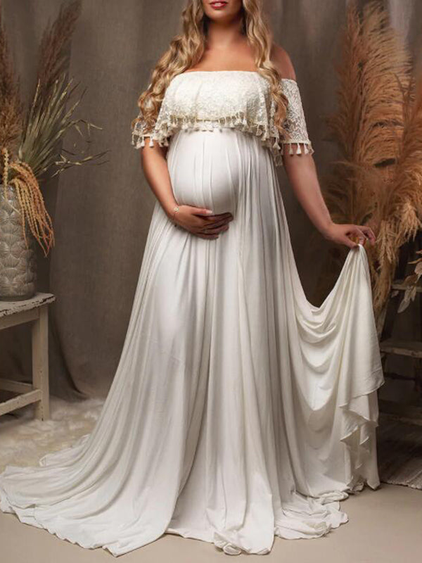 Patchwork Lace Tassel Slit Photoshoot Baby Shower Pregnant Maternity Maxi Dress