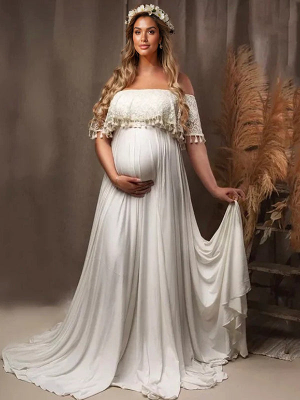 Patchwork Lace Tassel Slit Photoshoot Baby Shower Pregnant Maternity Maxi Dress