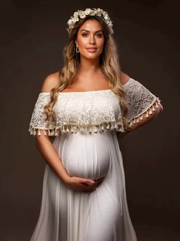 Patchwork Lace Tassel Slit Photoshoot Baby Shower Pregnant Maternity Maxi Dress