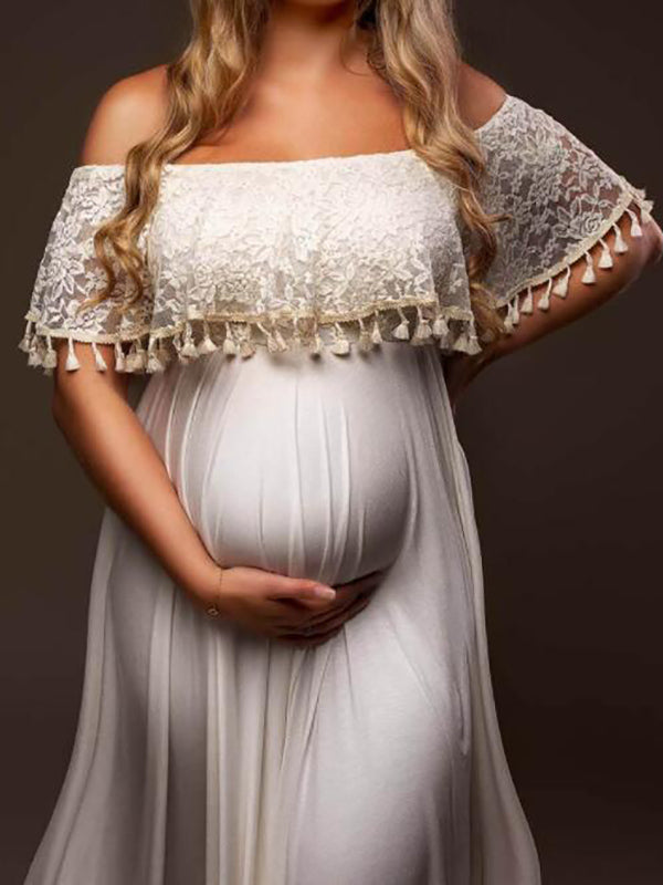 Patchwork Lace Tassel Slit Photoshoot Baby Shower Pregnant Maternity Maxi Dress