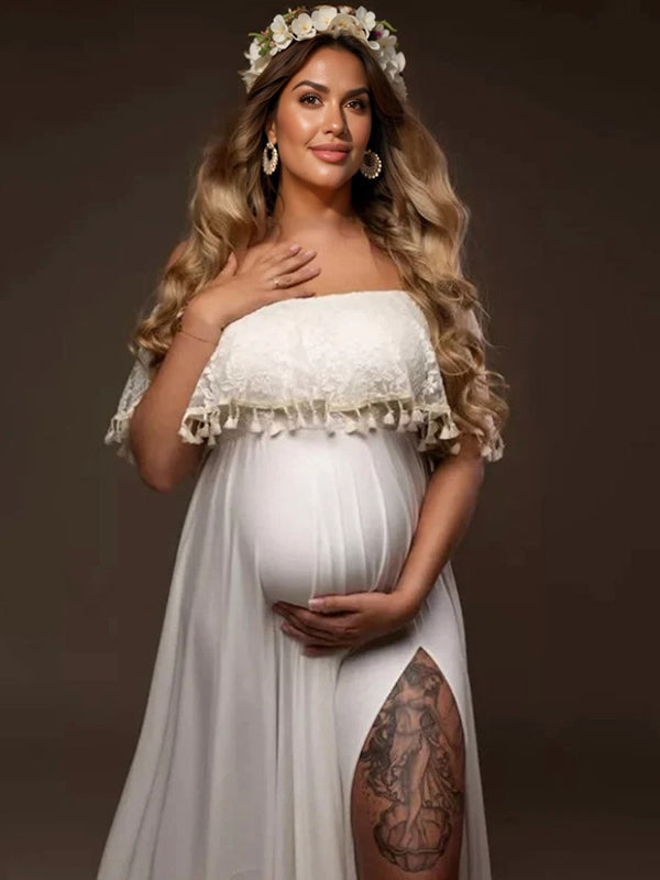 Patchwork Lace Tassel Slit Photoshoot Baby Shower Pregnant Maternity Maxi Dress