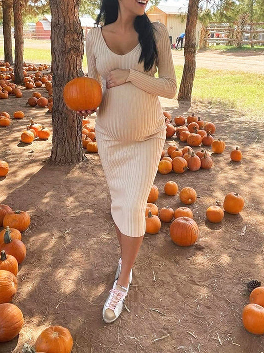 Solid Knitted Rib Fabric Off Shoulder V-neck Fall Fashion Maternity Photoshoot Maxi Dress