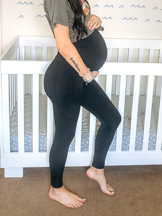 Black Pockets High Rise Stretch Pregnant Legging Sports Maternity Long Leggings