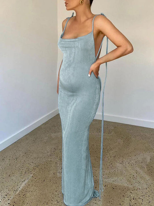 Blue Spaghetti Straps Backless Bodycon Lace Up Boat Neck Elegant Evening Photoshoot Baby Shower Maternity Maxi Dress