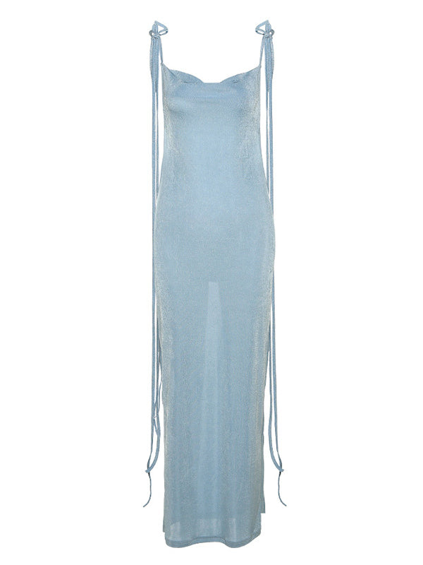 Blue Spaghetti Straps Backless Bodycon Lace Up Boat Neck Elegant Evening Photoshoot Baby Shower Maternity Maxi Dress
