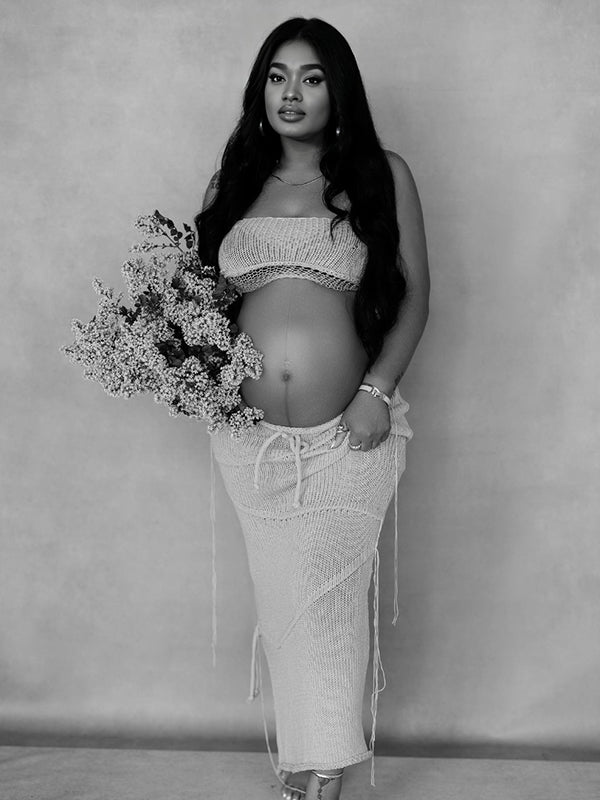 Grey 2 Pieces Tube Mesh Tie Slit Drawstring Chic Bodycon Photoshoot Baby Shower Maternity Maxi Dress