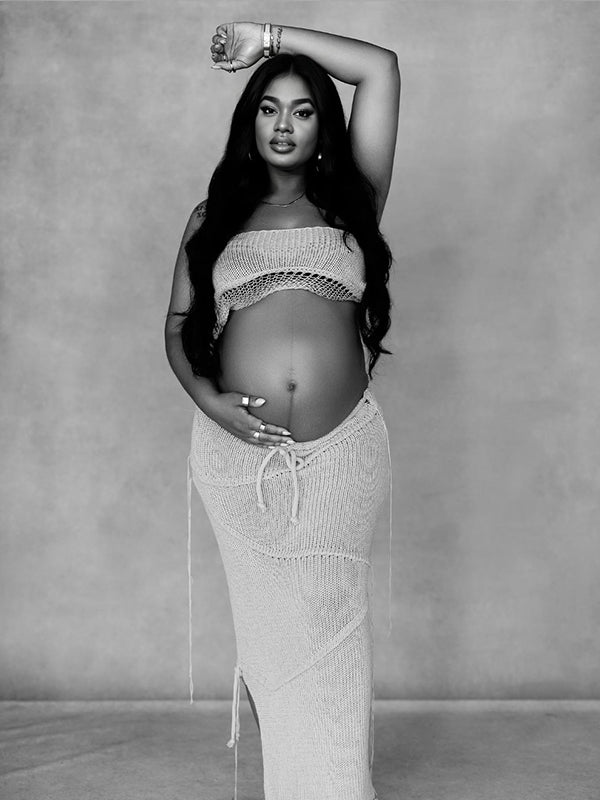 Grey 2 Pieces Tube Mesh Tie Slit Drawstring Chic Bodycon Photoshoot Baby Shower Maternity Maxi Dress