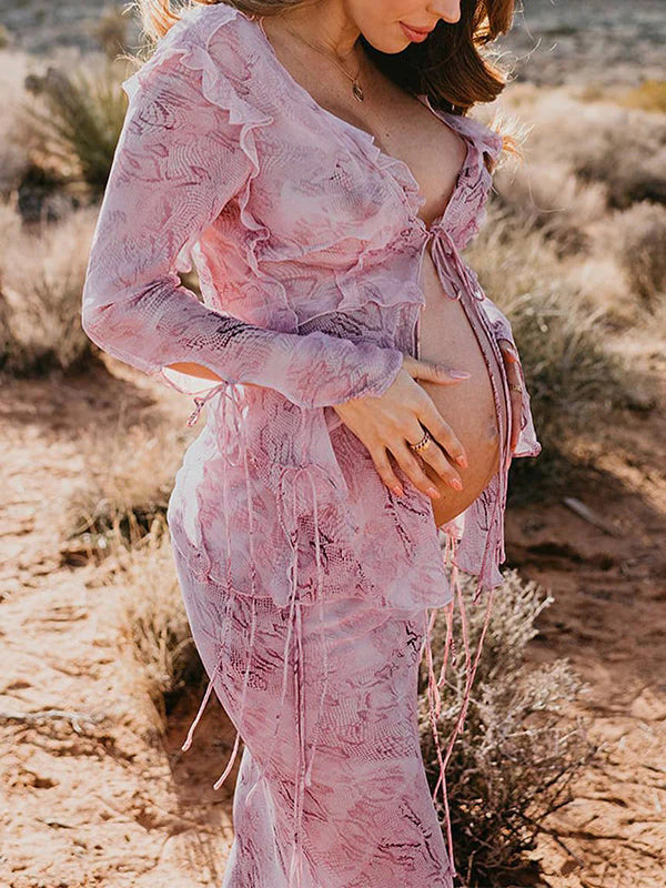 2 Piece Mesh Print Ruffle Tie Slit Flare Sleeve Vacation Photoshoot Baby Shower Maternity Maxi Dress