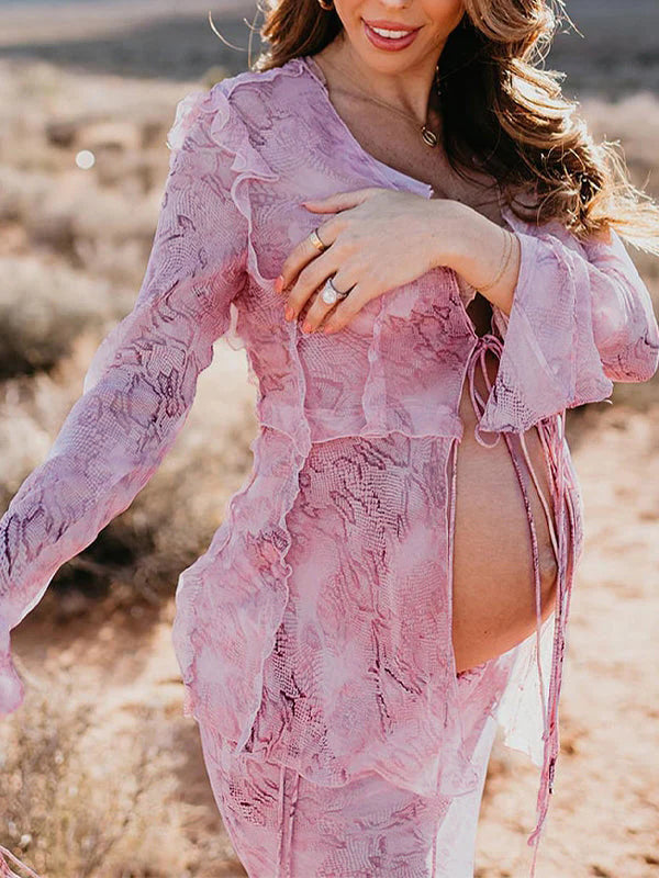 2 Piece Mesh Print Ruffle Tie Slit Flare Sleeve Vacation Photoshoot Baby Shower Maternity Maxi Dress