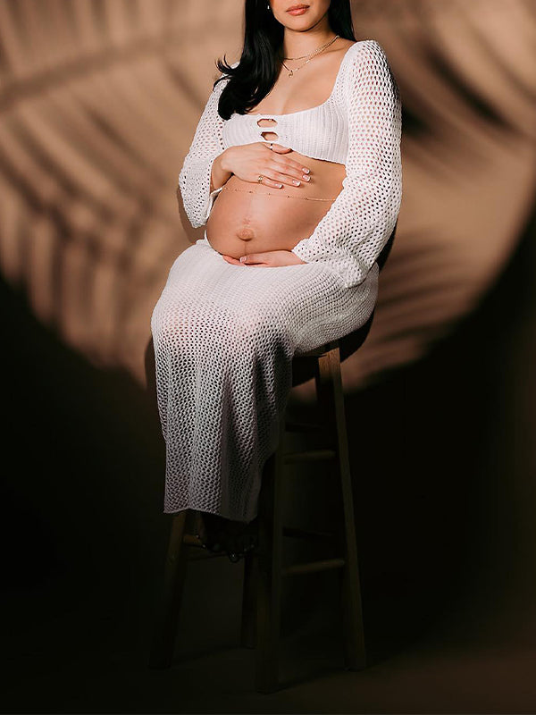 White 2 Piece Crochet Mesh Backless Flare Sleeve Bodycon Vacation Beach Photoshoot Baby Shower Maternity Maxi Dress