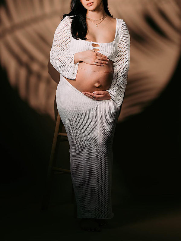 White 2 Piece Crochet Mesh Backless Flare Sleeve Bodycon Vacation Beach Photoshoot Baby Shower Maternity Maxi Dress
