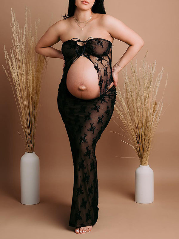 2 Piece Lace Tube Tie Ruffle Elegant Fashion Bodycon Vacation Photoshoot Baby Shower Maternity Maxi Dress