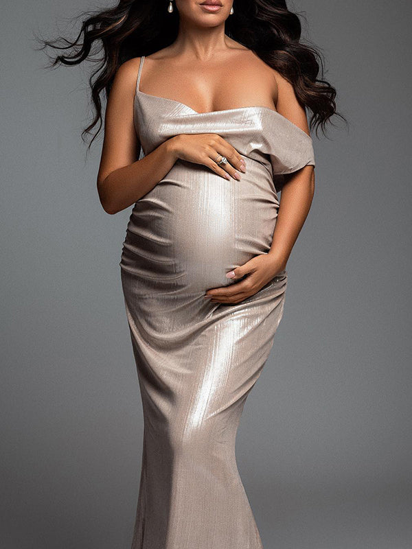 Champagne Asymmetric Shoulder Straps Belly Friendly Mermaid Ruched Cowl Neck Photoshoot Babyshower Maternity Maxi Dress