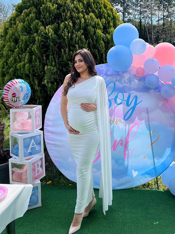 White One-Shoulder Belly Friendly Ruched Cape Sleeve Elegant Babyshower Maternity Maxi Dress