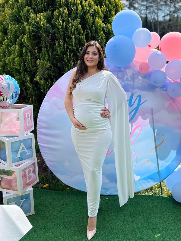 White One-Shoulder Belly Friendly Ruched Cape Sleeve Elegant Babyshower Maternity Maxi Dress