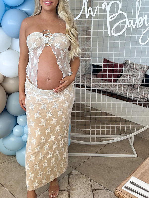 2 Piece Lace Tube Tie Ruffle Elegant Fashion Bodycon Vacation Photoshoot Baby Shower Maternity Maxi Dress