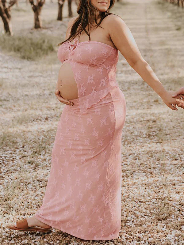 2 Piece Lace Tube Tie Ruffle Elegant Fashion Bodycon Vacation Photoshoot Baby Shower Maternity Maxi Dress