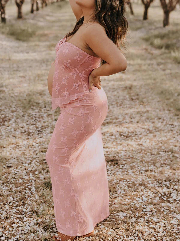 2 Piece Lace Tube Tie Ruffle Elegant Fashion Bodycon Vacation Photoshoot Baby Shower Maternity Maxi Dress