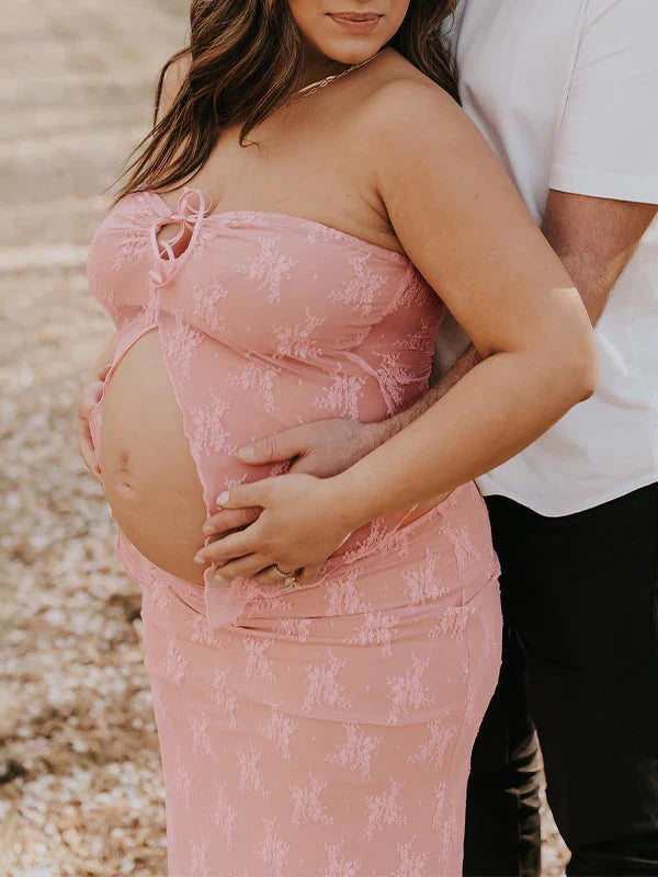 2 Piece Lace Tube Tie Ruffle Elegant Fashion Bodycon Vacation Photoshoot Baby Shower Maternity Maxi Dress