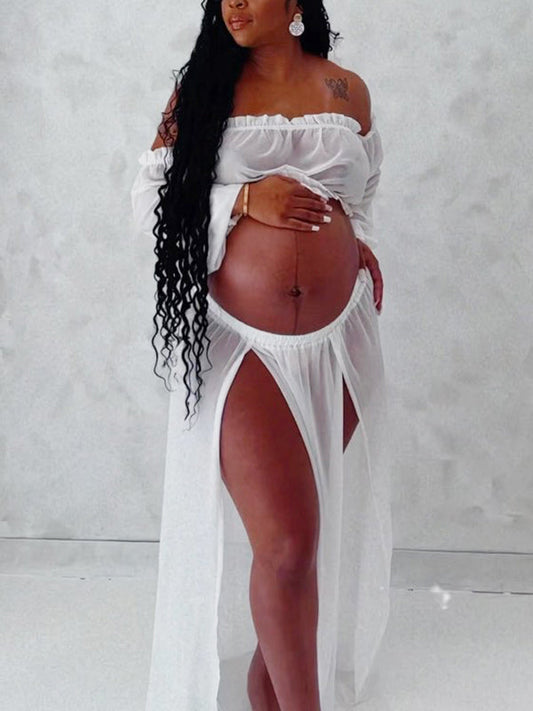 Chic White Two Piece Falbala Slits On Both Sides Transparent Off Shoulder Flowy Beach Maternity Photoshoot Maxi Dress