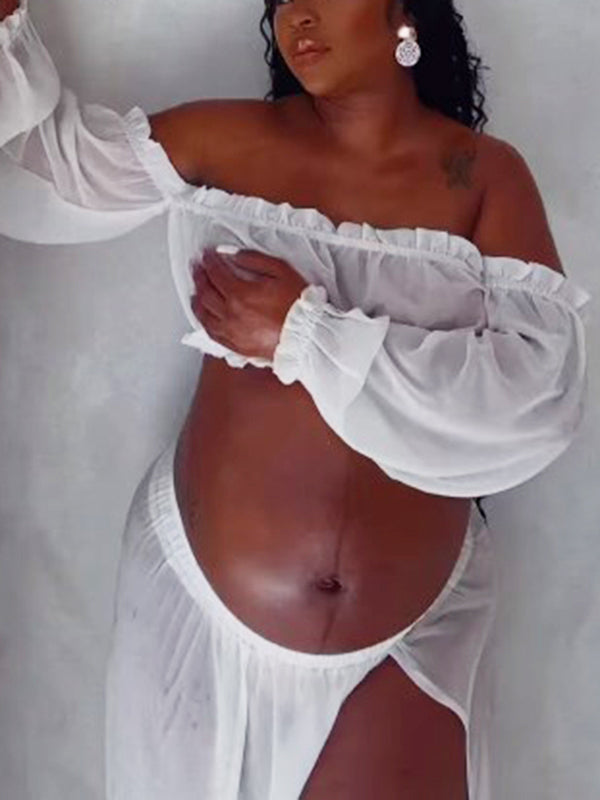 Chic White Two Piece Falbala Slits On Both Sides Transparent Off Shoulder Flowy Beach Maternity Photoshoot Maxi Dress