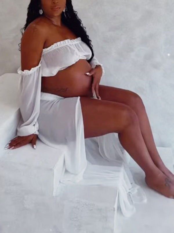 Chic White Two Piece Falbala Slits On Both Sides Transparent Off Shoulder Flowy Beach Maternity Photoshoot Maxi Dress
